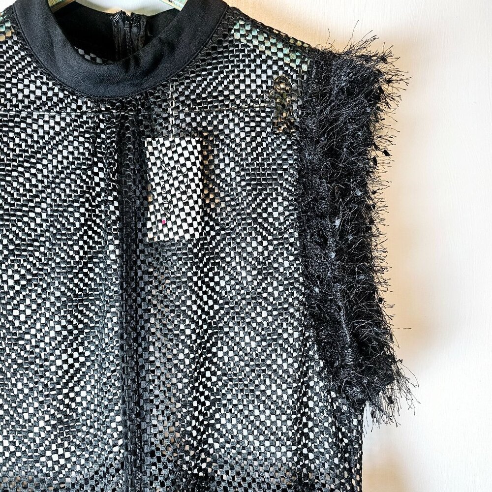 Posh Shoppe Sheer Feather Sleeve High Neck Full Mesh Black Dress,  1X, NWT - Picture 5 of 11